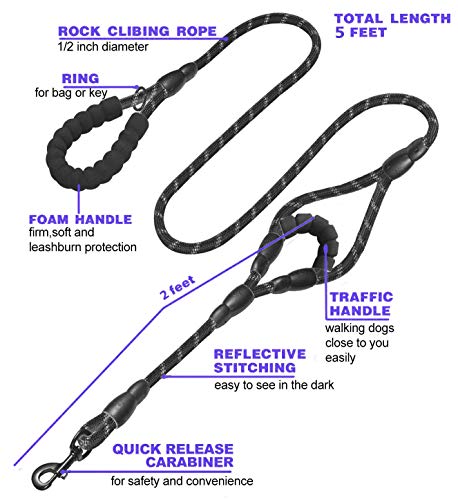 JSXD Heavy Duty Double Handle Dog Leash - 5 FT, Padded & Reflective, Rope for Small to Large Dogs (Black) - color: Rope-Black
