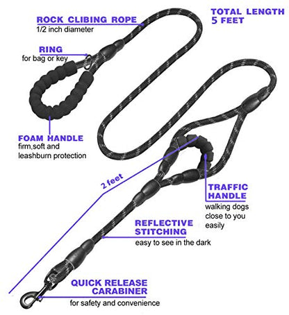 JSXD Heavy Duty Double Handle Dog Leash - 5 FT, Padded & Reflective, Rope for Small to Large Dogs (Black) - color: Rope-Black