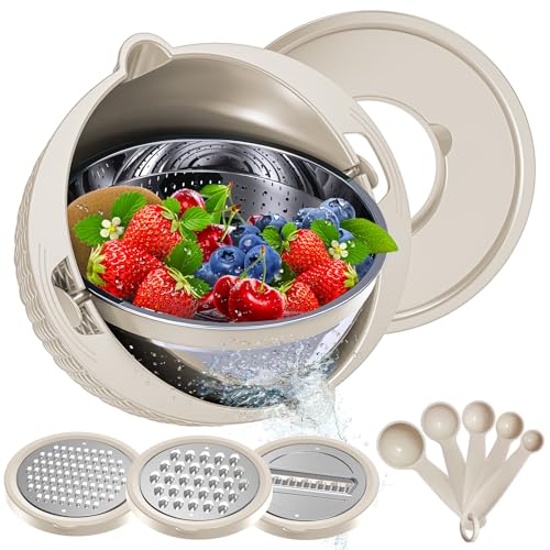 4-1 Colander with Bowl & Spoons Set - Rotatable Colander for kitchen with New Upgraded Graters, Food Strainer(Patented) for Pasta, Fruits, Vegetables, Funny Presents for Women, Beige - color: Beige