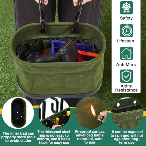 Vesici 2 Set Military Green Canvas Bucket Bag Including Hooks Aerial Oval Lineman Tool Bucket with Black Polypropylene Bottom 15 Pockets Tool Organizer for Industrial Maintenance Construction Sites - color: Military Green