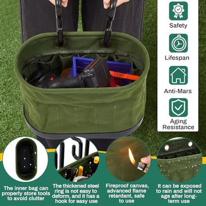 Vesici 2 Set Military Green Canvas Bucket Bag Including Hooks Aerial Oval Lineman Tool Bucket with Black Polypropylene Bottom 15 Pockets Tool Organizer for Industrial Maintenance Construction Sites - color: Military Green