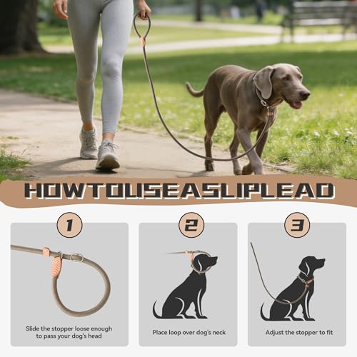 Mile High Life Heavy Duty Slip Lead No Pull Leash 6/5/4FT for Large Dogs - color: Khaki, size: 5 Feet