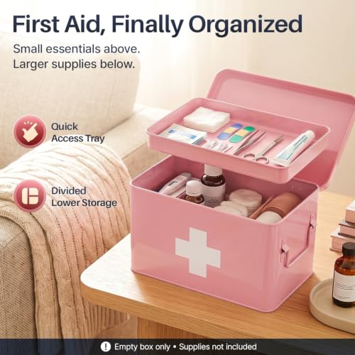 Flexzion Large Metal First Aid Box Empty, 13-Inch, Pink with White Cross - color: Pink, size: 13 Inch without Latch Lock