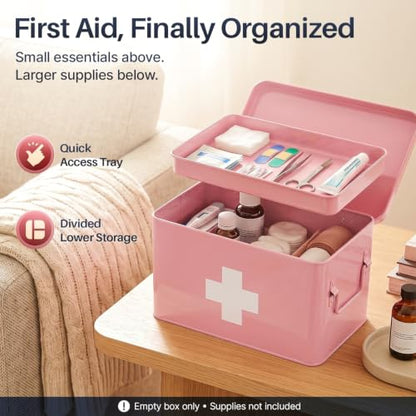 Flexzion Large Metal First Aid Box Empty, 13-Inch, Pink with White Cross - color: Pink, size: 13 Inch without Latch Lock