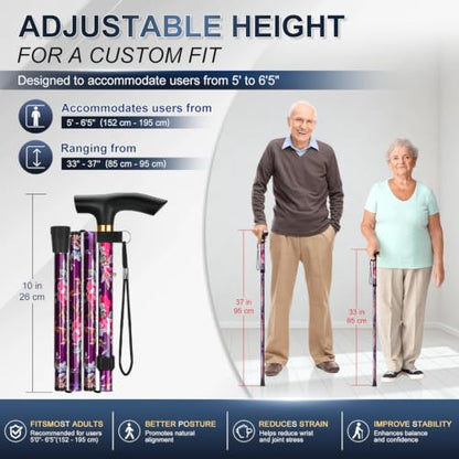 supregear Folding Cane, 5-Level Adjustable Height Walking Stick Lightweight Collapsible Portable Travel Cane with Wrist Strap and T Handle for Elderly Disabled Men Women - color: Purple Floral