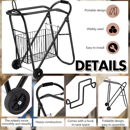Horse Saddle Tack Cart with Wheels, Rolling Iron Heavy Duty Trailer Organizer with Hooks Foldable Horse Cinch Equipments Stable Storage Tool for Saddle Moving Transport Organizer Supplies