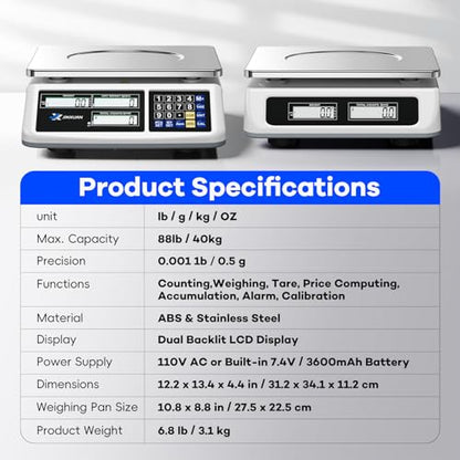 Counting Scale 88lb/40kg x 0.5g Industrial Scale lb/oz/g/kg Digital Parts Scale with Dual LCD Display, Rechargeable Inventory Scale for Small Parts Coins Pieces Tickets, Precision Gram Scale - style: 40kg x 0.5g with 3 Displays