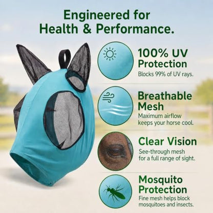 Horse Fly Mask – Nylon-Spandex Face with Breathable Mesh Eyes & Ears, UV Protection Soft Edging Prevents Chafing, Durable & Easy to Clean for Horses & Ponies, Size L - size: L