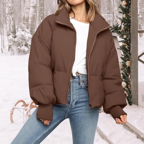 SXGYH Women’s Winter Cropped Puffer Jacket Coat Casual Quilted Baggy Long Sleeve Zip Down Jackets Outerwear - color: Coffee, size: X-Large