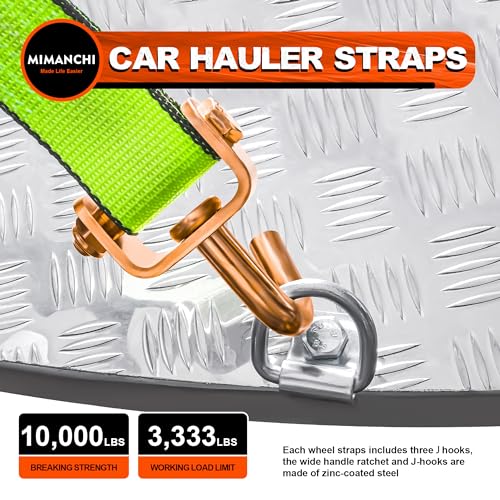 2" x 10'Car Hauler Straps,4Pack,Wheel Strap w/Swivel J Hook Idler | Tire Tie Down Straps with 3 Rubber Blocks Use for Car, Truck, ATV, Heavy Duty Ratchet Vehicle Trailer Tie Down Kit