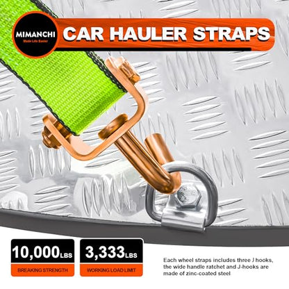 2" x 10'Car Hauler Straps,4Pack,Wheel Strap w/Swivel J Hook Idler | Tire Tie Down Straps with 3 Rubber Blocks Use for Car, Truck, ATV, Heavy Duty Ratchet Vehicle Trailer Tie Down Kit