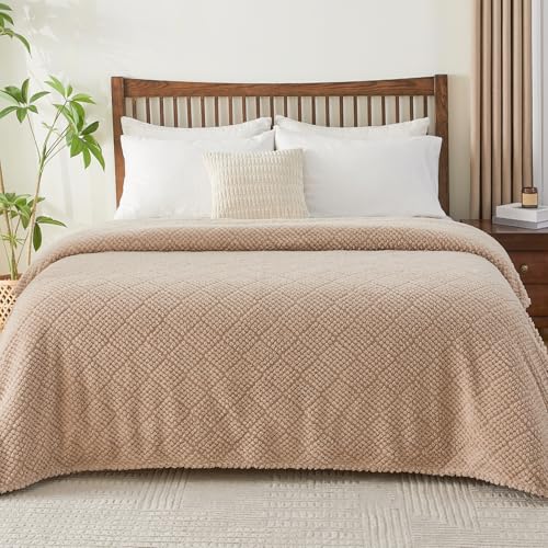 EMME Fleece Blanket, 3D Jacquard Throw Blanket for Couch and Bed, Soft Cozy and Fluffy Blankets Lightweight Luxury Flannel with Waffle Design (Beige, 80" x 90") - color: 02-waffle-beige, size: Queen