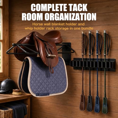 2 PCS Saddle Racks and 2 PCS Horse Whip Crop Holder Rack Wall Mounted for English Western Saddles Horses Blanket Whip,Horse Tack Storage Set for Horse tack Storage,tack Room,Stable,barn,Garage