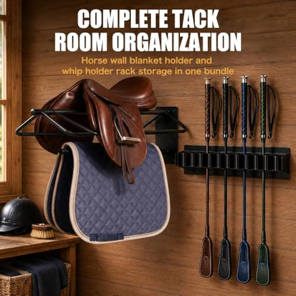 2 PCS Saddle Racks and 2 PCS Horse Whip Crop Holder Rack Wall Mounted for English Western Saddles Horses Blanket Whip,Horse Tack Storage Set for Horse tack Storage,tack Room,Stable,barn,Garage