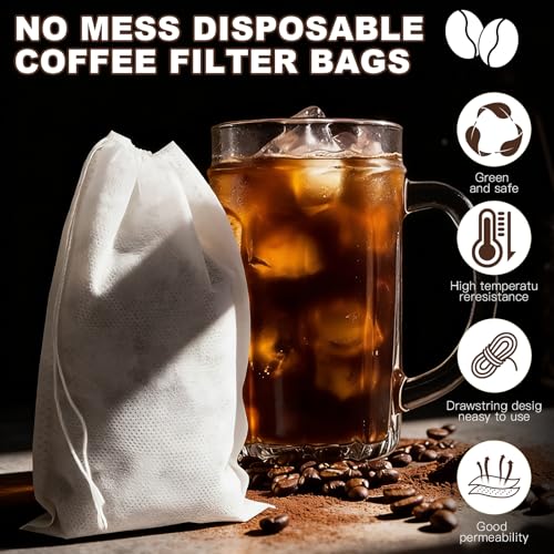 Cold Brew Coffee Filter Bags 200 Pack, Disposable Mesh Brewing Bags with Drawstring, No Mess Cold Brew Maker Bags for Coffee Concentrate, Iced Coffee, Mason Jar, Large Fine Mesh Tea Infuser Bags