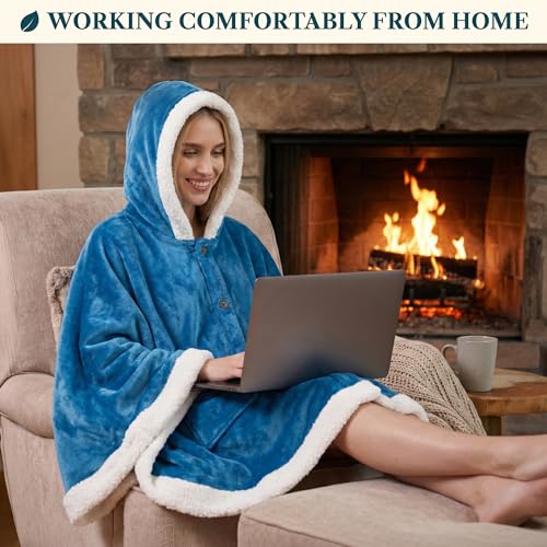 PAVILIA Hooded Blanket Poncho, Fleece Wearable Shawl Wrap Throw, Sea Blue | Fleece Shawl Wrap with Hood, Adult Wearable Blanket, Cozy Warm Poncho Cape Throw with Pockets, Gift for Elderly Mom - color: Sea Blue