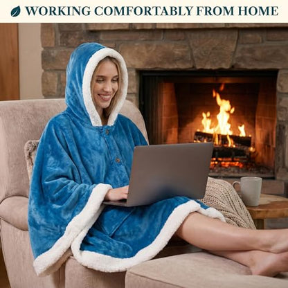 PAVILIA Hooded Blanket Poncho, Fleece Wearable Shawl Wrap Throw, Sea Blue | Fleece Shawl Wrap with Hood, Adult Wearable Blanket, Cozy Warm Poncho Cape Throw with Pockets, Gift for Elderly Mom - color: Sea Blue