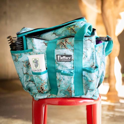 Jeffers Expression Deluxe Horse Grooming Bag – Large Zip Top Equestrian Tote w/Multiple Pockets, Handles & Adjustable Shoulder Strap, Padded Feet, Barn Essentials 11.5"x10.5"x8.5" - Bisbee Blue - color: Bisbee Blue