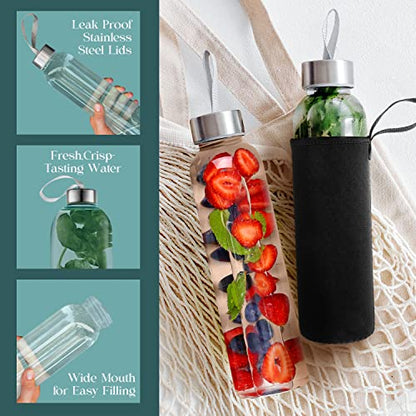 Kitchen Lux 18oz Glass Water Bottles – Pack of 12 Nylon Protective Sleeves, Airtight Screw Top Lids, Portable Carrying Loops - Lead, PVC and BPA Free - Water, Milk, Smoothie, Juice Beverage Glasses