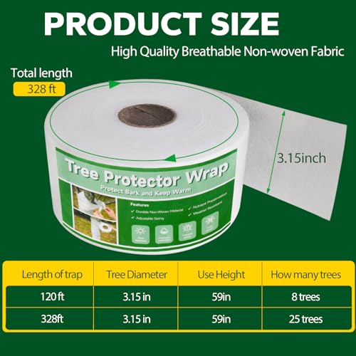 328ft Tree Wrap to Protect Bark, Tree Wrap for Damaged Bark, Tree Trunk Wrap to Keep Plants Warm and Tree Trunk Protectors from Deer and Animal, Durable and Effective, White - color: 328ft-white