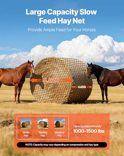 VEVOR Round Bale Hay Net, 4.92 x 4.92 x 4.92 ft, 1.5 inch Holes, PE Material, Knotless Design, with Zip Ties, Needle Shuttle, Repair Twine and Storage Bag, Slow Feeder Round Bale Net for Horses - size: 4.92 x 4.92 x 4.92 ft