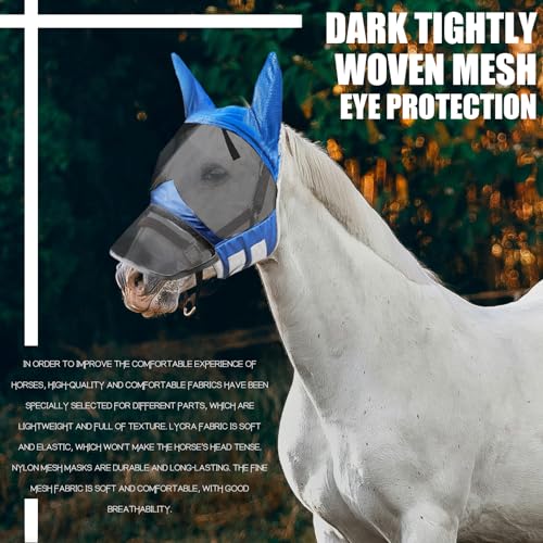 Horse Fly Mask,Horse Fly Mask with Nose,Masks for Horses with Ears,Ear Bonnet for Horses,Donkey Mask Fabric with Purple Line Protection Soft Mesh for Horse Summer (Blue, S)