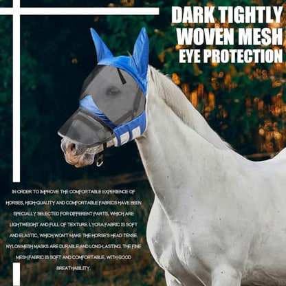 Horse Fly Mask,Horse Fly Mask with Nose,Masks for Horses with Ears,Ear Bonnet for Horses,Donkey Mask Fabric with Purple Line Protection Soft Mesh for Horse Summer (Blue, S)
