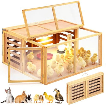 Large Chicken Brooder Box Kits 32x32x16 in Wooden Foldable Chick Brooder Box with Heated Light Thermometer Portable with Handle for up to 70 Chickens, Ducks, Quails, Hamsters, No Assembly