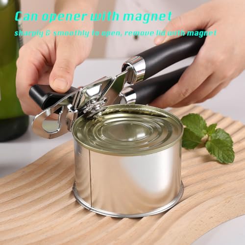 Manual Can Opener, Effortless Operation, Remove Lid with Magnet, 3 in 1 Bottle Opener & Milk Powder Opener, Soft Grip Handles, Easy to Turn, Heavy Duty Can Openers for Seniors - Black