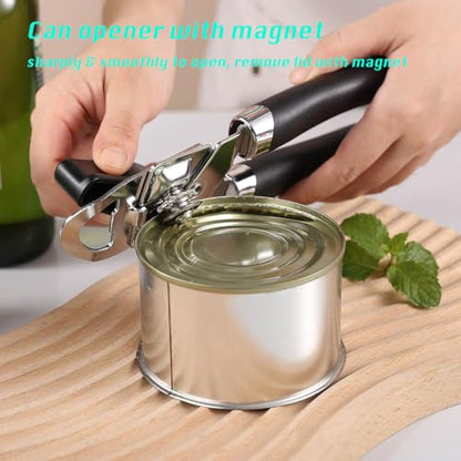 Manual Can Opener, Effortless Operation, Remove Lid with Magnet, 3 in 1 Bottle Opener & Milk Powder Opener, Soft Grip Handles, Easy to Turn, Heavy Duty Can Openers for Seniors - Black