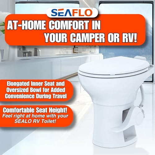 SEAFLO Porcelain RV Toilet with Sprayer Attachment - Elongated Bowl 19” Inch Residential Height, Gravity Flush, Foot Pedal Soft Close Seat Camper Motorhome Easy Install 4 -year Warranty SFRTCH-02-02 - color: White (Ceramic Bowl with Sprayer)