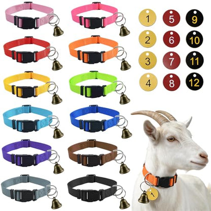 12 Pack Adjustable Goat Collars with Bells Numbered Tags