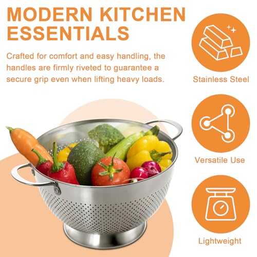 Stainless Steel Colander for Kitchen | 5 Quart Durable Rice and Pasta Strainer with Handle | Oversized Handles | Nesting Design | Rust-Resistant & Dishwasher Safe - size: 5 QT