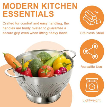 Stainless Steel Colander for Kitchen | 5 Quart Durable Rice and Pasta Strainer with Handle | Oversized Handles | Nesting Design | Rust-Resistant & Dishwasher Safe - size: 5 QT