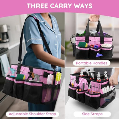 ZKOO Large Cleaning Caddy Bag with Handle, Built-in Sturdy Support Board, Adjustable Shoulder Strap, Multi-compartment Design Cleaning Supply Tote for Cleaners & Housekeepers (Pink) - color: Pink