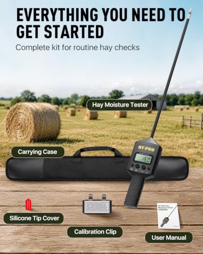 Hay Moisture Tester with 20" Probe, Moisture & Temperature Meter for Round and Square Hay Bales, Fast Backlit Readings, Calibration Clip Included, Black