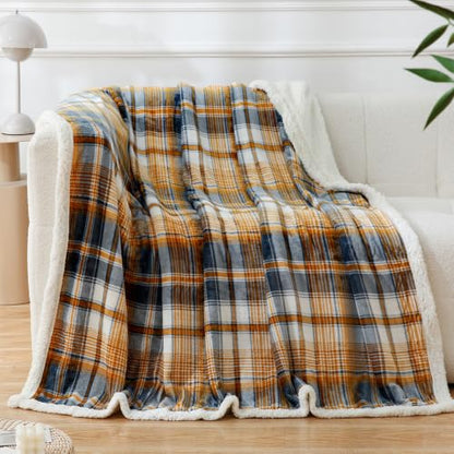 PU MEI Sherpa Blanket Queen Plaid Thick Bed Blanket, 80”*90” Super Soft Flannel Fuzzy Fleece Reversible Velvet Plush Warm Blanket for Couch (Blue Yellow Check) - color: Blue Yellow Check, size: 80"*90"