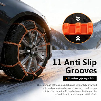 12 PCS Car Snow Tire Chains, Anti-skid Non-slip Traction Strap for Winter Ice & Mud, Adjustable Thickened Tire Zip Tie, Portable Emergency Accessory for Cars SUVs Trucks (Orange)