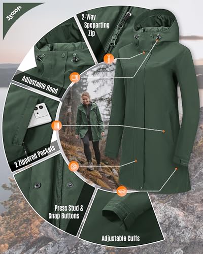 33,000ft Women's Waterproof Rain Jackets Long Rain Coats with Hood - color: Dark Green, size: Medium