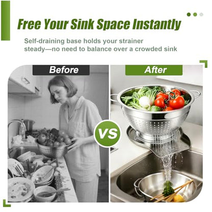 Palksky Stainless Steel Colander Set with Handles & Self-Draining Base, 3 Sizes (7”, 9”, 11”), Heavy Duty Pasta Strainer, Rice & Vegetable Strainer, Countertop Draining System - color: 3 Sizes Colander Set with Handles & Self-Draining Base