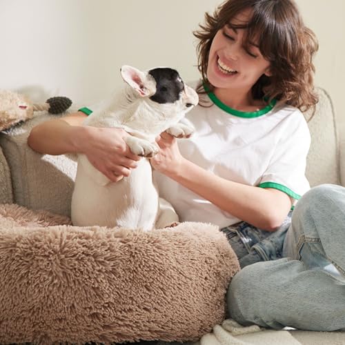 Bedsure Calming Dog Bed Medium Size Dog Donut Washable Pet Bed,30ins Camel | Oprah Daily Sleep Award,Fluffy Faux Fur Round Cuddler,Anti-Slip Bottom,Anti-Anxiety,Deep Sleep for Pets Up to 45 Lbs - color: Camel, size: 30"L x 30"W x 8"Th