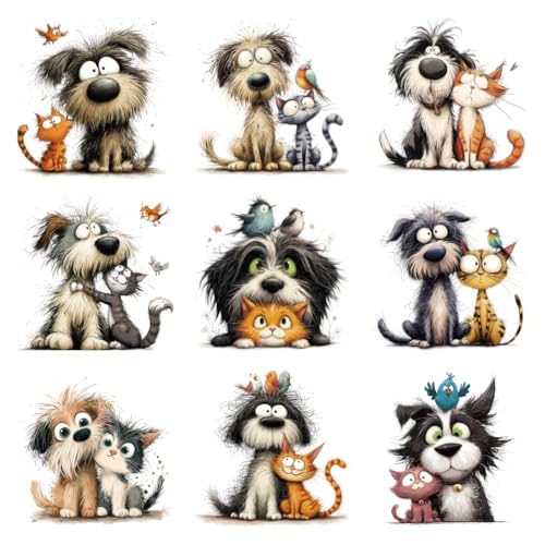 arricraft 9 Sheets Cartoon Animal Theme Iron on Stickers, Cartoon Cat Dog Birds Pattern Print Transfer Stickers Decals for DIY T-Shirt Jeans Backpacks Families Clothing Hat Decoration Applique - style: Cartoon Cat Dog Birds Theme