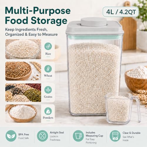 POP Airtight Flour-Rice Food-Storage Container - 4L/4.2Qt Jar with Lid and 3.3Oz Scoop | BPA-Free | Can Hold 5lb of Flour or 5lb of Rice | Stackable and Durable