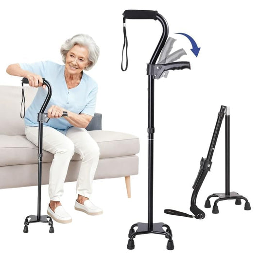 Stand Secure Cane with Stand Up Assist Handle for Elderly, 4 Prong Adjustable Walking Canes for Seniors Women and Men, Non-Slip Wide Base, Aluminum Foldable Stand Cane - color: Black