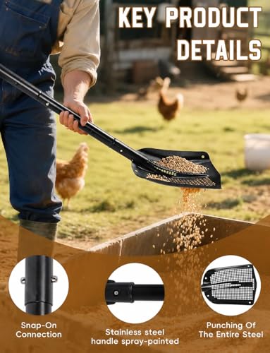 Heavy Duty Sifting Shovel with Adjustable Handle (26"-48") – Metal Sand Sifter Scoop with D-Grip for Chicken Coop, Beach, Farm Goat Stall & Garden Poop Cleaning – Durable Mesh Design
