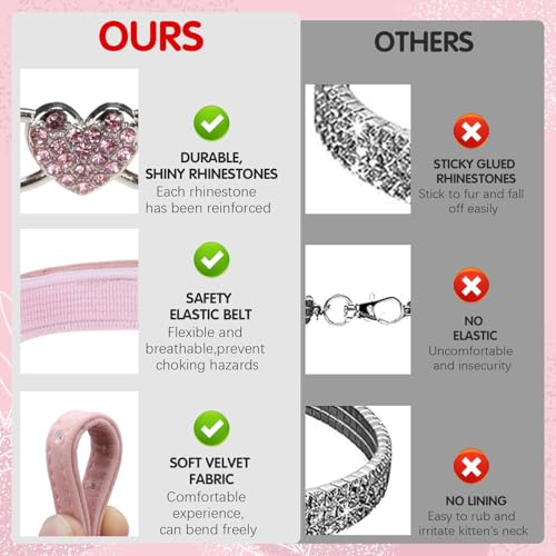 BINGPET Diamond Cat Collar with Bell, Adjustable Kitten Collar, Pink&Black - color: Pink & Black(Heart), size: Neck Girth 8"-10"