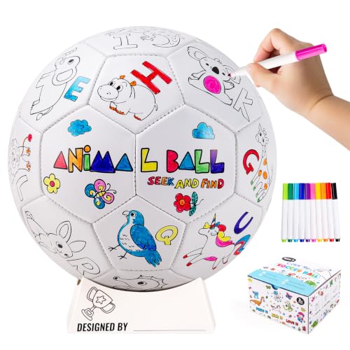 EVERICH TOY Color Your Own Soccer Ball, Animal Soccer Toys for Boys Girls | Alphabet Learning Toys Craft Kits for Kids with Markers, Size 3 DIY Custom Paint Soccer Ball Birthday Gifts for Kids Ages 3-8 - color: Animals & Alphabet