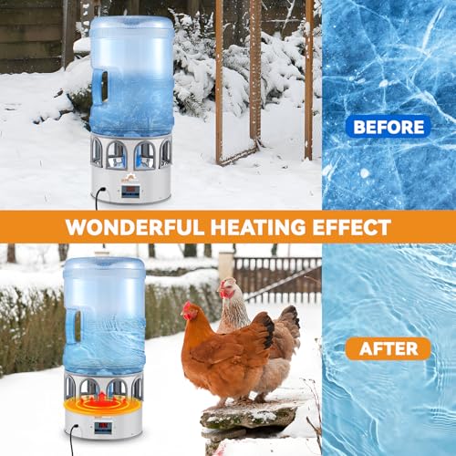 Heated Chicken Waterer 5 Gallon Adjustable Temperature for Winter | Heated Chicken Waterer with 8 Drinking Ports, Temperature Controlling for Ducks, Geese, 9.84ft Cord Length