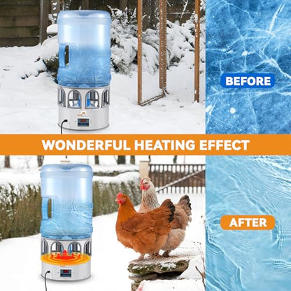 Heated Chicken Waterer 5 Gallon Adjustable Temperature for Winter | Heated Chicken Waterer with 8 Drinking Ports, Temperature Controlling for Ducks, Geese, 9.84ft Cord Length