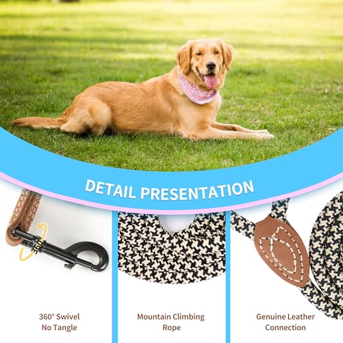 Mile High Life Dog Leash with Genuine Leather-Wrapped Ends, 4/5/6FT - color: Black Khaki, size: 18 Inch-1/2"